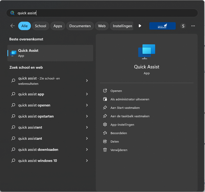 Quick Assist opzoeken